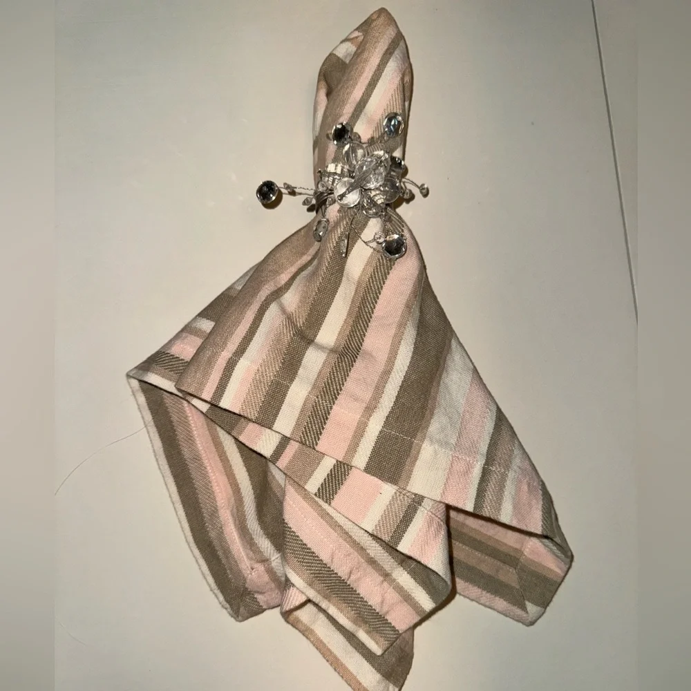 West Elm linen Pink/Taupe/White striped napkins or place settings.